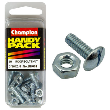 Champion Pack of 10 3/16" x 3/4" UNC Zinc Plated, Slotted Mushroom Head Roofing Bolts and Nuts - BH091
