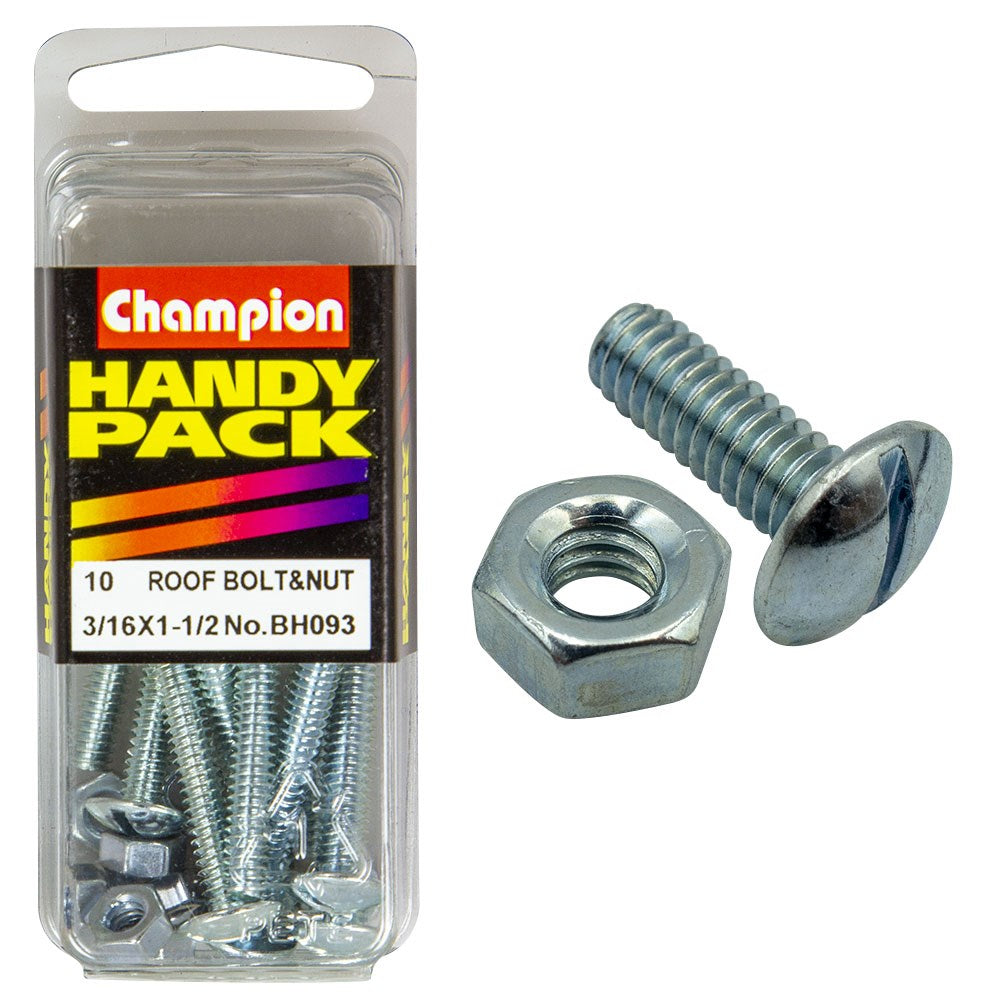 Champion Pack of 10 3/16" x 1-1/2" UNC Zinc Plated, Slotted Mushroom Head Roofing Bolts and Nuts - BH093