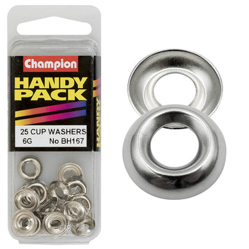 Champion Pack of 25 Nickel Plated Steel, Cup Type Washers to Suit 6G/3.5mm Thick Fasteners - BH167