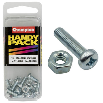 Champion Pack of 12 (12x Philips Pan Head Machine Screws, 12x Nuts) M4 x 10mm - BH620
