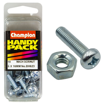Champion Pack of 10 M6 x 16mm (10x Philips Pan Head Machine Screws, 10x Nuts) - BH623