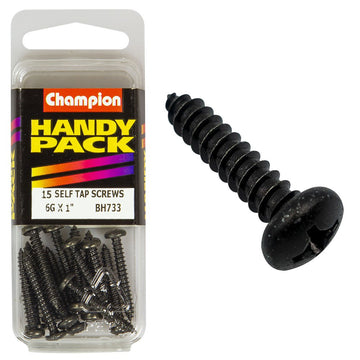 Champion Pack of 15 6G x 25mm Philips Pan Head, Black, Zinc Plated Self Tapping Screws - BH733