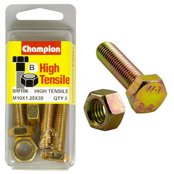 Champion Pack of 3 M10 x 35 x 1.25mm (3x Hex Set Screws, 3x Nuts) High Tensile Grade 8.8, Zinc Plated  - BM106