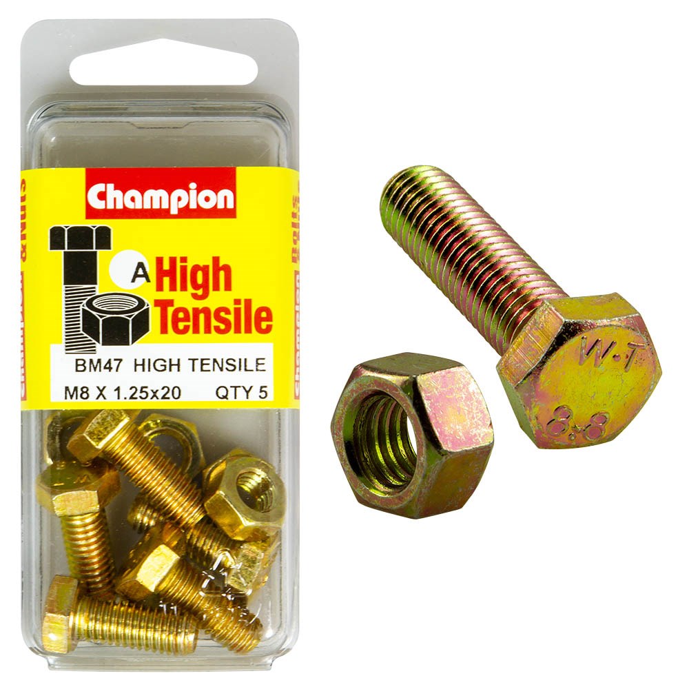 Champion Pack of 5 (5x Hex Set Screws, 5x Nuts) M8 x 20mm High Tensile Grade 8.8, Zinc Plated  - BM47