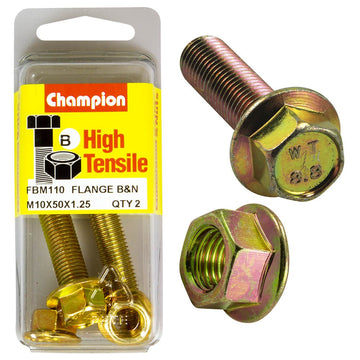 Champion Pack of 2 (2x Zinc Plated Hex Flange Bolts, 2x Nuts) M10 x 50 x 1.25mm, 14AF High Tensile Grade 8.8 - FBM110