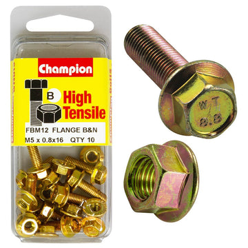 Champion Pack of 10 (10x Hex Set Screws, 10x Nuts) M5 x 16mm, 8AF High Tensile Grade 8.8, Zinc Plated  - FBM12