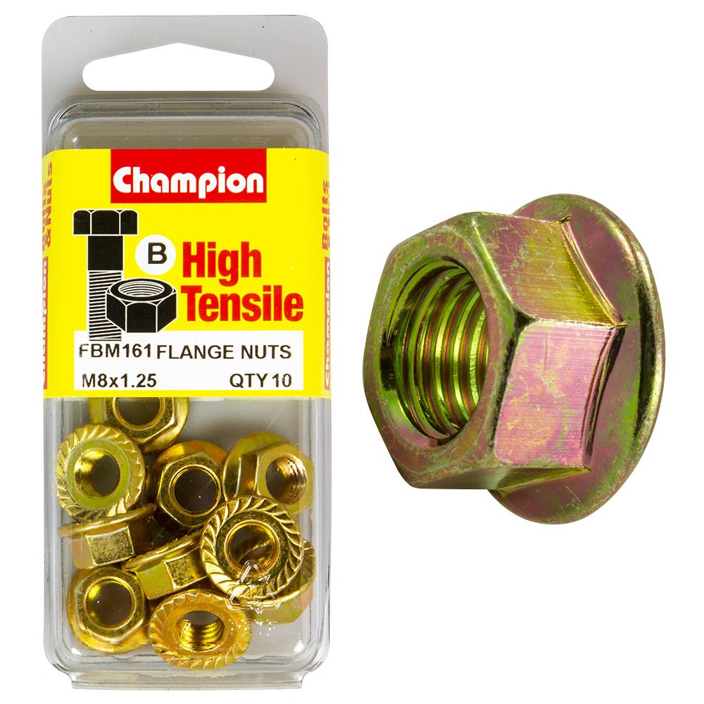 Champion Pack of 10 M8 x 1.25mm High Tensile Grade 8.8, Zinc Plated Flanged Hex Nuts - FBM161