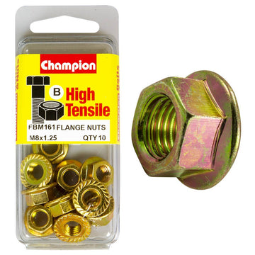Champion Pack of 10 M8 x 1.25mm High Tensile Grade 8.8, Zinc Plated Flanged Hex Nuts - FBM161