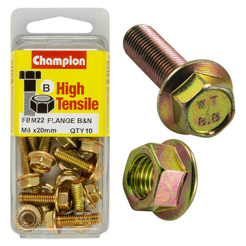 Champion Pack of 10 (10x Hex Set Screws, 10x Nuts) M6 x 20mm, 10AF High Tensile Grade 8.8, Zinc Plated  - FBM22
