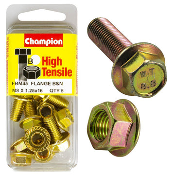 Champion Pack of 5 (5x Hex Set Screws, 5x Nuts) M8 x 16mm, 12AF High Tensile Grade 8.8, Zinc Plated  - FBM45