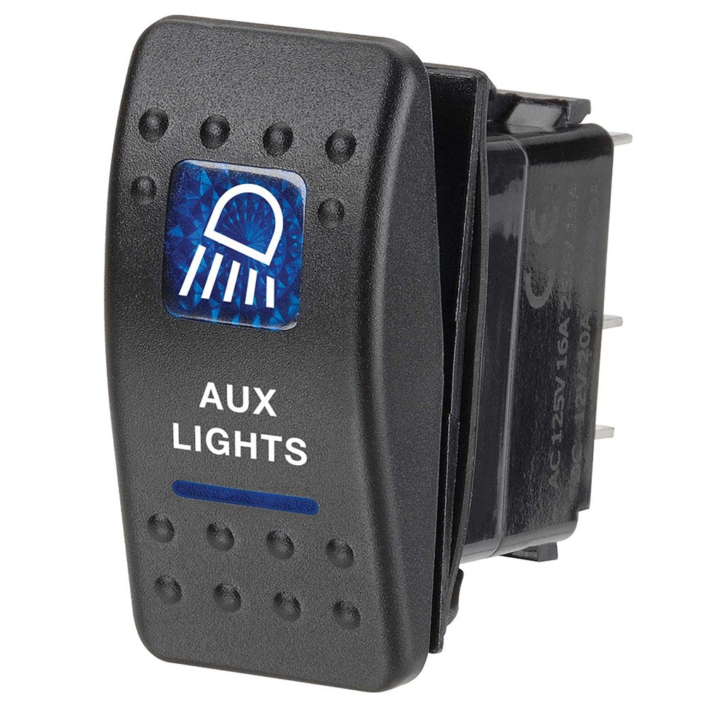Narva 63144BL "12 Volt Illuminated Off/On Sealed Rocker Switch With ""Aux Lights"" Symbol (Blue)"