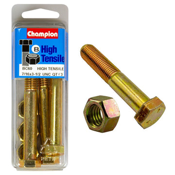 Champion Pack of 3 7/16" x 3-1/2" UNC High Tensile Grade 5, Zinc Plated Hex Bolts and Nuts - BC60