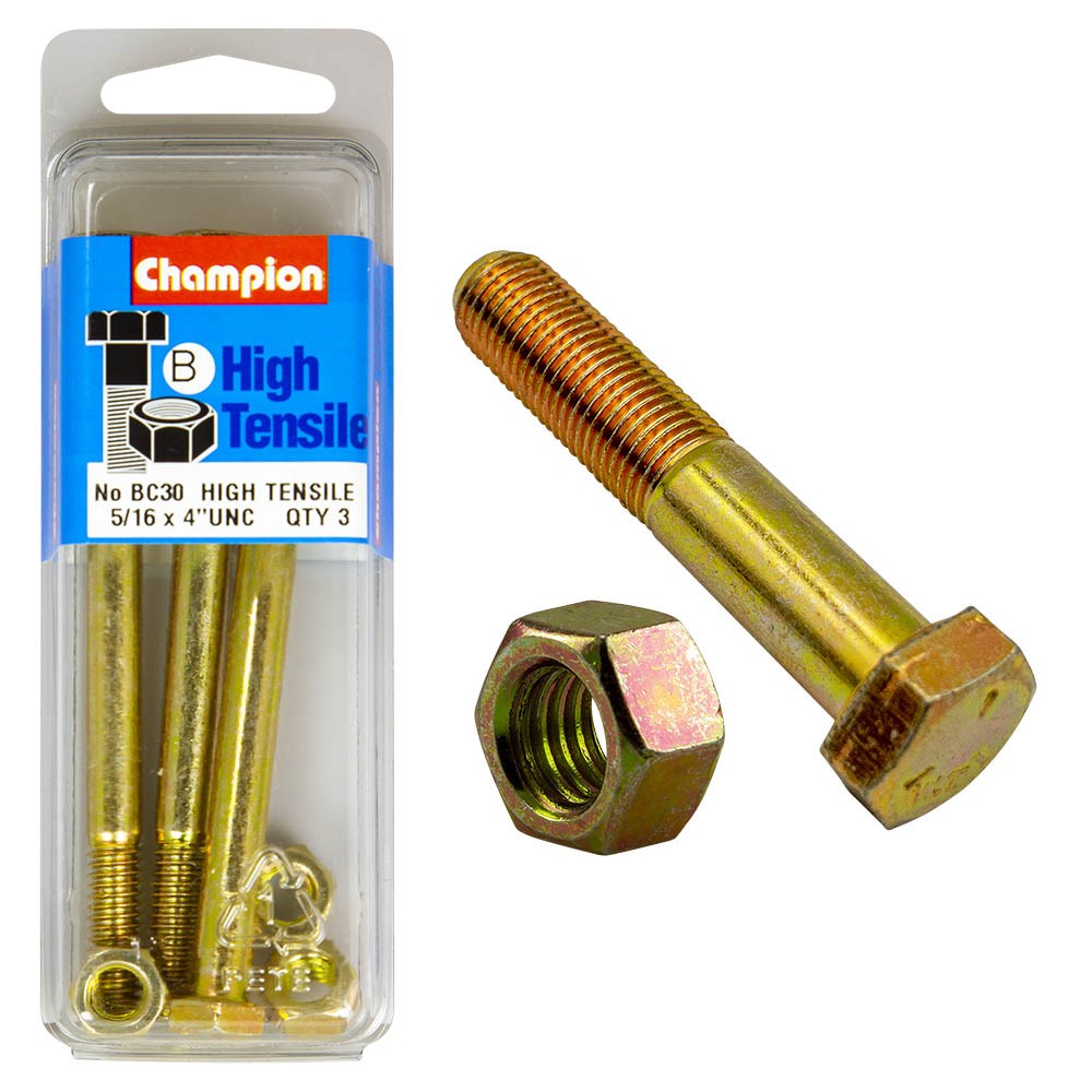 Champion Pack of 3 5/16" x 4" UNC High Tensile Grade 5, Zinc Plated Hex Bolts and Nuts - BC30