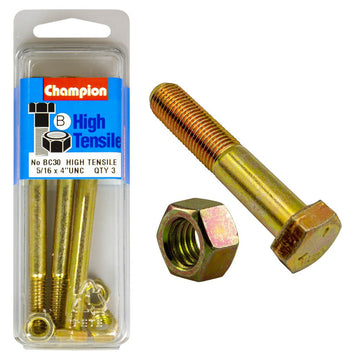 Champion Pack of 3 5/16" x 4" UNC High Tensile Grade 5, Zinc Plated Hex Bolts and Nuts - BC30