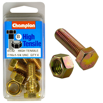 Champion Pack of 4 7/16" x 1-1/4" UNC High Tensile Grade 5, Zinc Plated Hex Set Screws and Nuts - BC52
