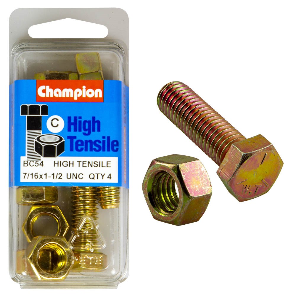 Champion Pack of 4 7/16" x 1-1/2" UNC High Tensile Grade 5, Zinc Plated Hex Set Screws and Nuts - BC54