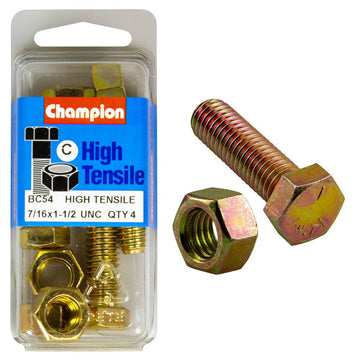 Champion Pack of 4 7/16" x 1-1/2" UNC High Tensile Grade 5, Zinc Plated Hex Set Screws and Nuts - BC54