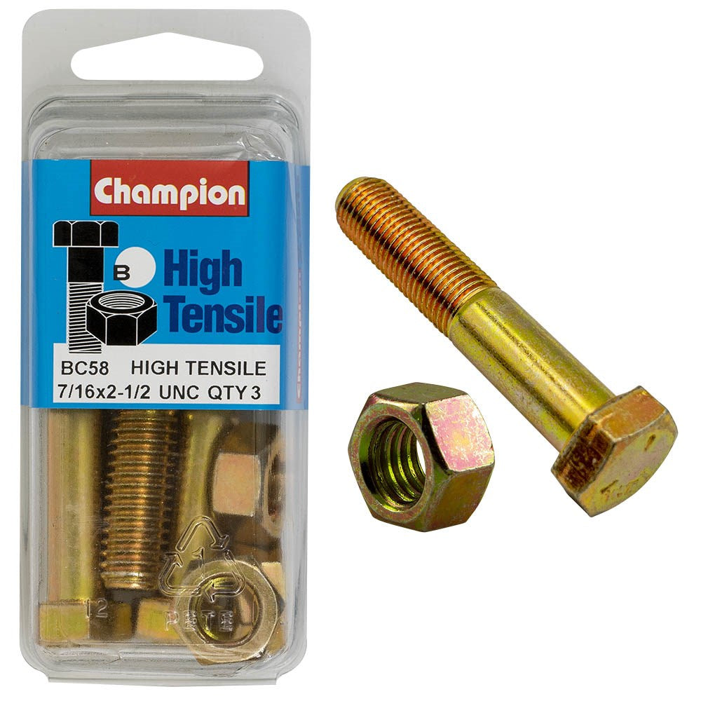 Champion Pack of 5 7/16" x 2-1/2" UNC High Tensile Grade 5, Zinc Plated Hex Bolts and Nuts - BC58