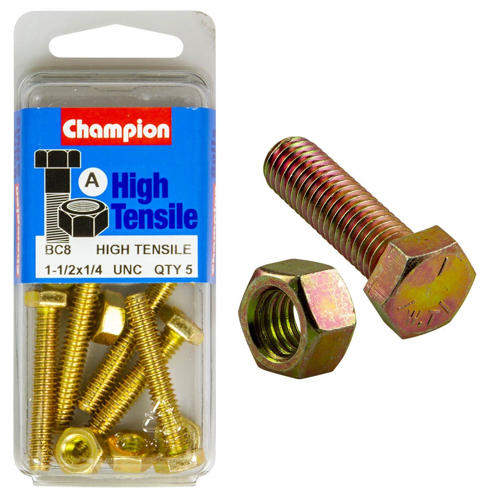 Champion Pack of 5 1/4" x 1/2" UNC High Tensile Grade 5, Zinc Plated Hex Set Screws and Nuts - BC8