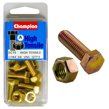 Champion Pack of 5 5/16" x 3/4" UNC High Tensile Grade 5, Zinc Plated Hex Set Screws and Nuts - BC15