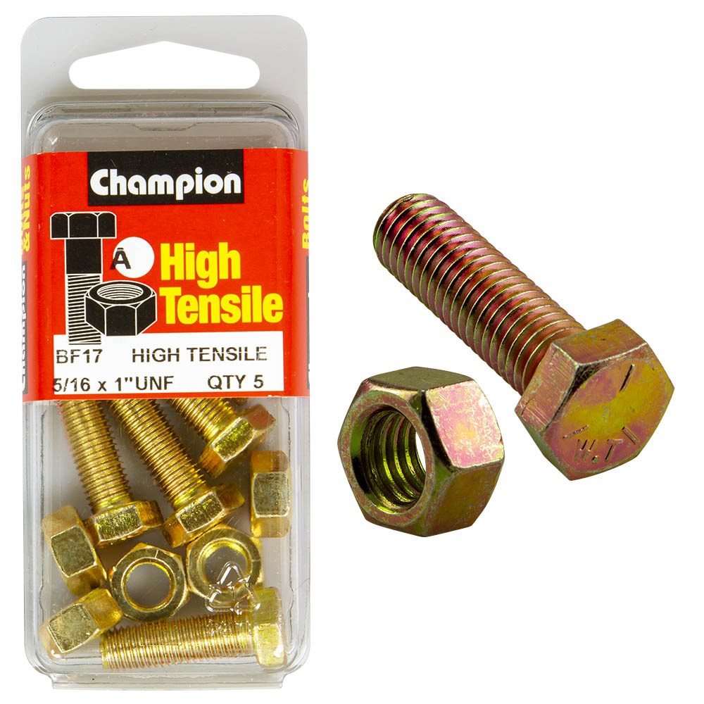 Champion Pack of 5 5/16" x 1" UNF High Tensile Grade 5, Zinc Plated Hex Set Screws and Nuts - BF17