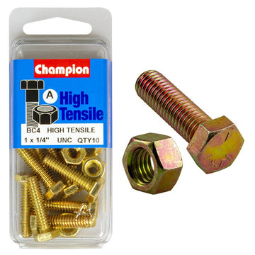 Champion Pack of 10 1/4" x 1" UNC High Tensile Grade 5, Zinc Plated Hex Set Screws and Nuts - BC4