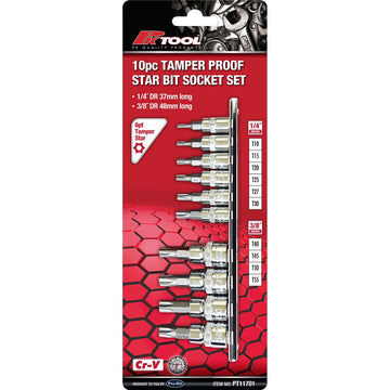 PKTool  Cr-V 6Pt Star Socket Set - 10 Piece 1/4” & 3/8” Drive - PT11701