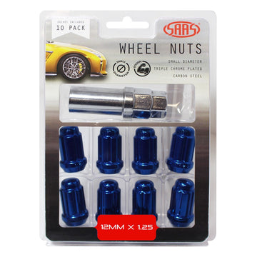 SAAS Set of 10 Small Diameter Wheel Nuts - Blue, M12x1.25 Threads with 6 Spline Drive and Key - 6330510BL