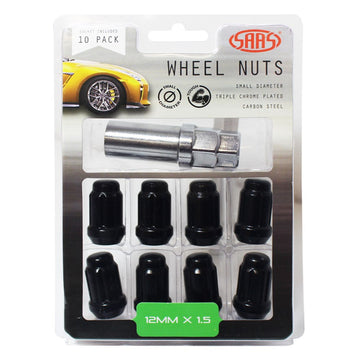 SAAS Set of 10 Small Diameter 6 Spline Wheel Nuts with Key - 35mm Length, Black, M12x1.50 Thread, Taper Seat Type - 6330610BC