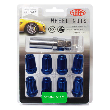 SAAS Set of 10 Small Diameter Wheel Nuts - Blue, M12x1.50 Threads with 6 Spline Drive and Key - 6330610BL