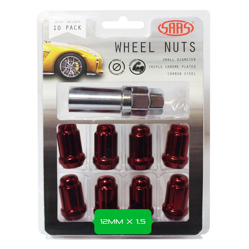 SAAS Set of 10 Small Diameter 6 Spline Wheel Nuts with Key - 35mm Length, Red, M12x1.50 Thread, Taper Seat Type - 6330610R