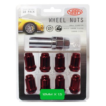 SAAS Set of 10 Small Diameter 6 Spline Wheel Nuts with Key - 35mm Length, Red, M12x1.50 Thread, Taper Seat Type - 6330610R