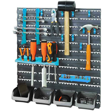 PKTool Tool Rack Set - 18 Piece Wall Mounted With Mounting Boards, 4 Parts Boxes & 12 Tool Hooks - PT80932