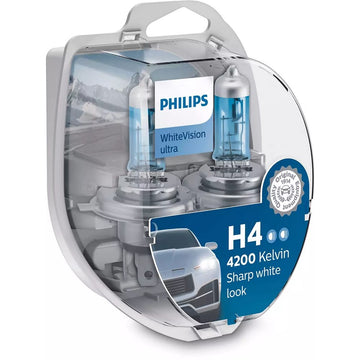 Philips 12342WVUSM WhiteVision Ultra 12V H4 60/55W 4200K Headlight Globes (Twin Pack)