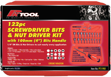 PKTool 122 Piece Bit Driver Set Including Hex, Star, Tamperproof Star, Clutch, Tri-Wing, Spanner, Spline and Square Bits - PT11981