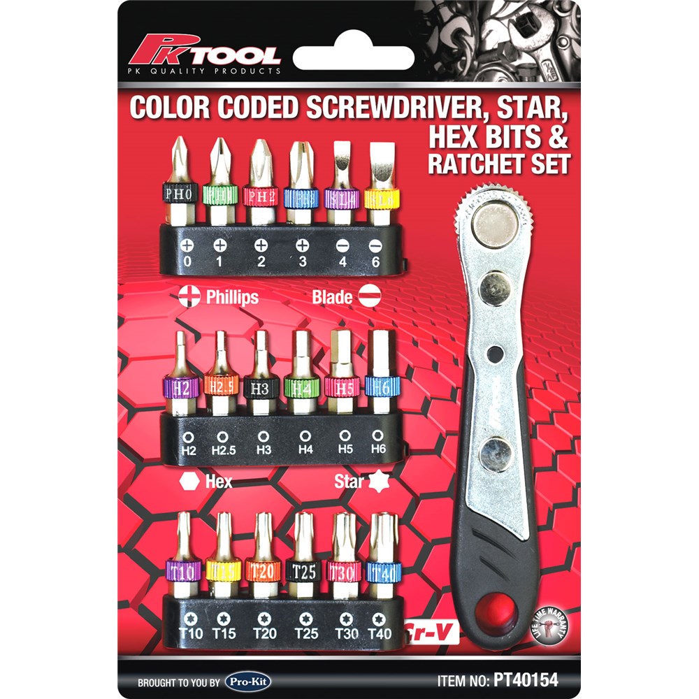 PKTool 19 Piece 1/4" Drive Screwdriver, Star, Hex Bits & Ratchet Set - PT40154