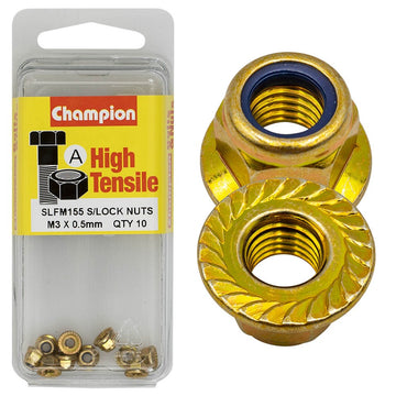 Champion Pack of 10 M3 x 0.5mm High Tensile Grade 8.8, Zinc Plated Self Locking Flange Hex Nuts with Nylon Insert - SLFM155