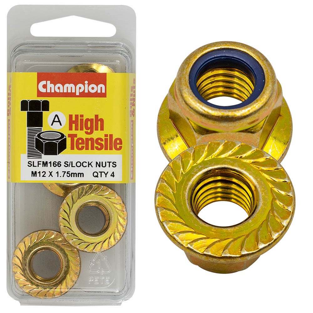 Champion Pack of 4 M12 x 1.75mm High Tensile Grade 8.8, Zinc Plated Self Locking Flange Hex Nuts with Nylon Insert - SLFM166