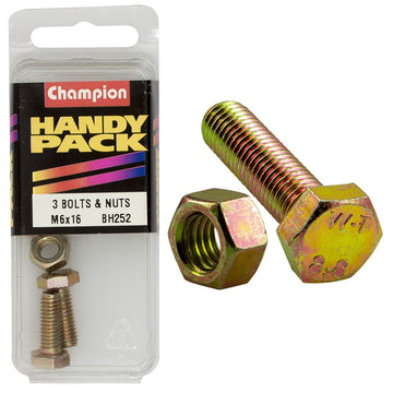Champion Pack of 3 M6 x 16 x 1.0mm High Tensile, Grade 8.8 Hex Set Screws and Nuts - BH252