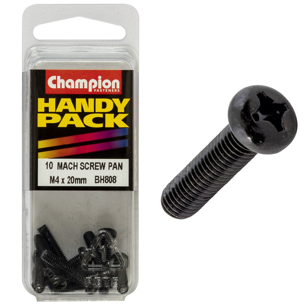Champion Pack of 10 M4 x 20mm Black, Zinc Plated, Philips Pan Head Machine Screws - BH808