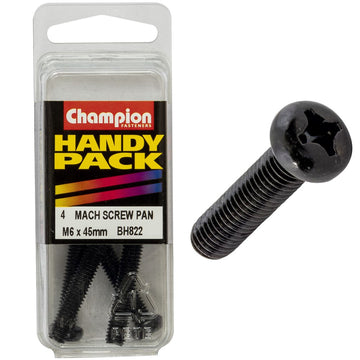 Champion Pack of 4 M6 x 45mm Black, Zinc Plated, Philips Pan Head Machine Screws - BH822