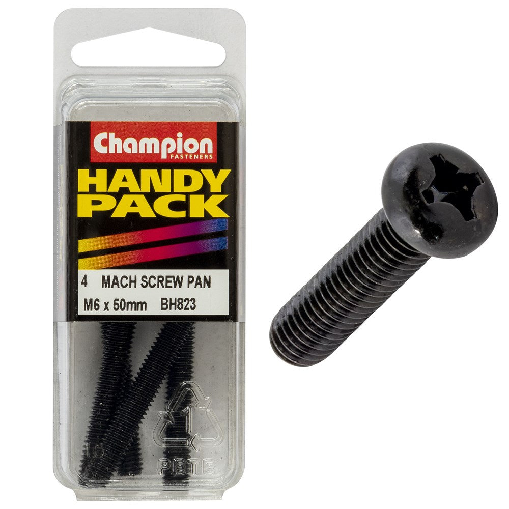 Champion Pack of 4 M6 x 50mm Black, Zinc Plated, Philips Pan Head Machine Screws - BH823