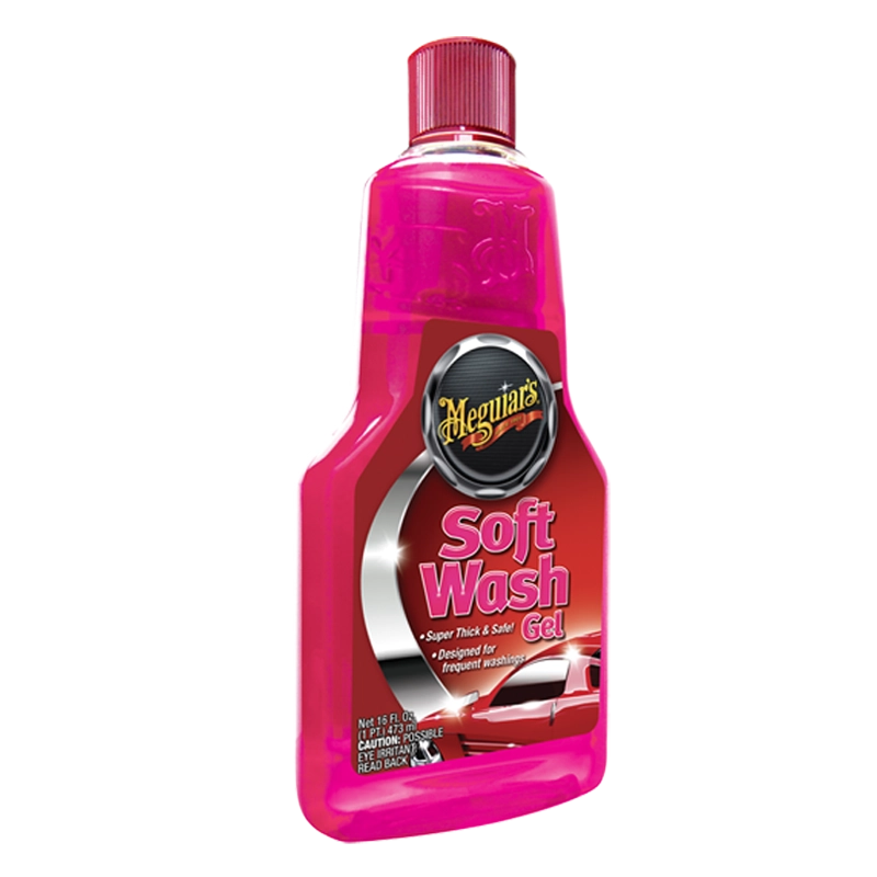 Pink bottle of Meguiar's Soft Wash Gel on a white background
