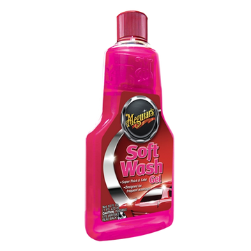 Pink bottle of Meguiar's Soft Wash Gel on a white background