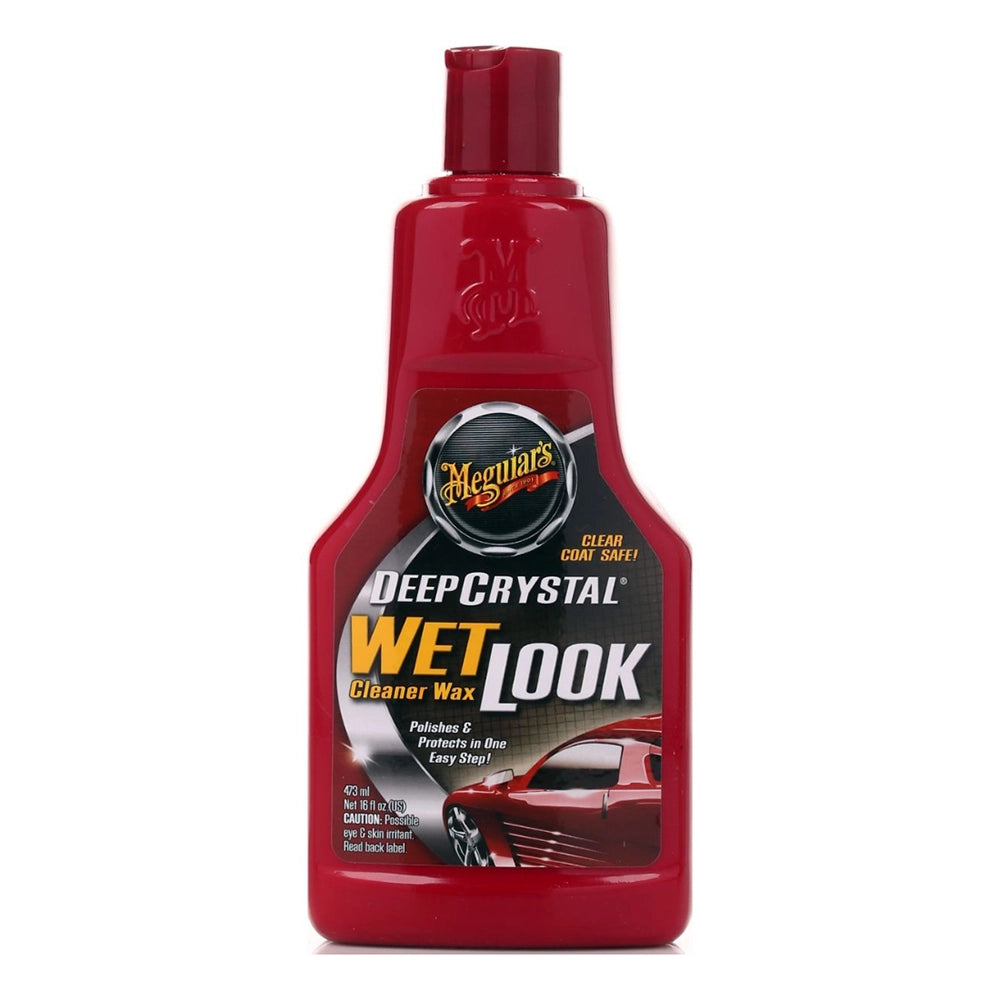 Red bottle of Meguiar's Deep Crystal Wet Look Cleaner Wax on a white background