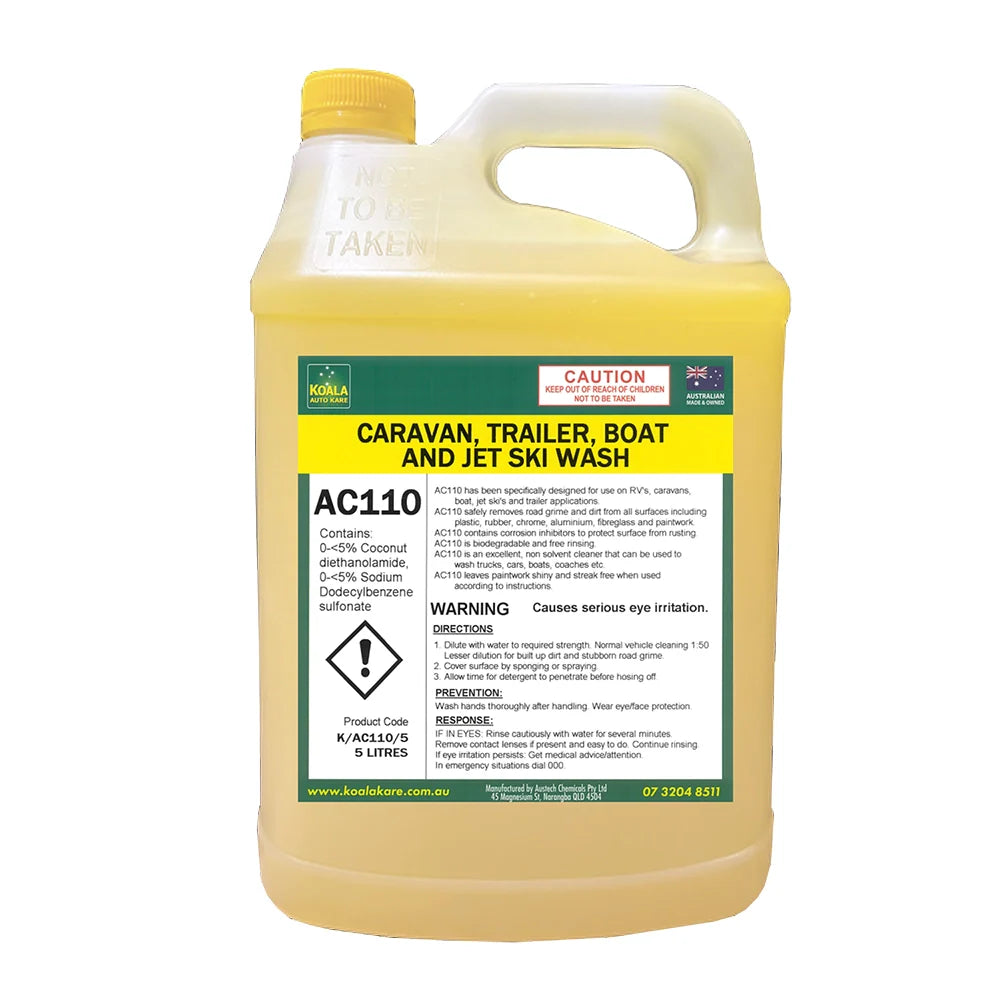Yellow bottle of caravan, trailer, boat, and jet ski wash with a label on a white background