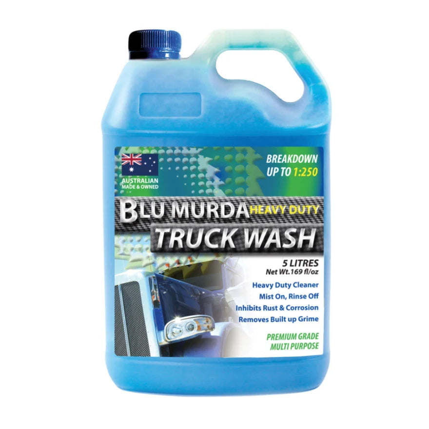 Blue bottle of Blu Murda Heavy Duty Truck Wash on a white background
