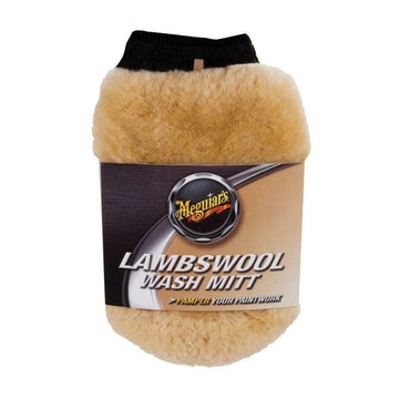 Meguiar's Lambswool Wash Mitt with a label showing the brand and product name, predominantly beige in color.