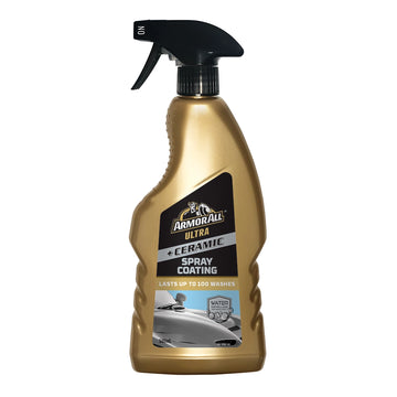 Gold spray bottle with black nozzle labeled 'Armor All Ultra Ceramic Spray Coating' on a white background