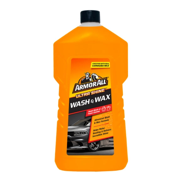Orange bottle of ArmorAll Ultra Shine Wash & Wax on a white background